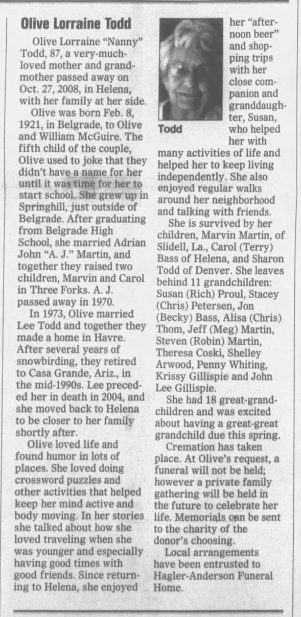 mcguire, olive 19210-2008 obit The Independent-Record (Helena, Montana) 2008 Oct 31